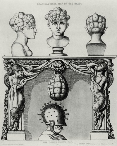 Craniological map of the head and the compression cap, caricature of phrenology by French School